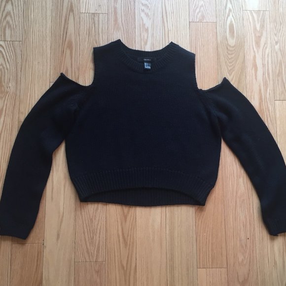 Forever 21 Sweaters - Cold-Shoulder Semi-Cropped Curved-Hem Black Top